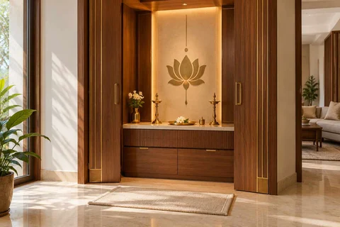 AI-generated puja room design concept: pocket-door shrine, rosewood brass direction