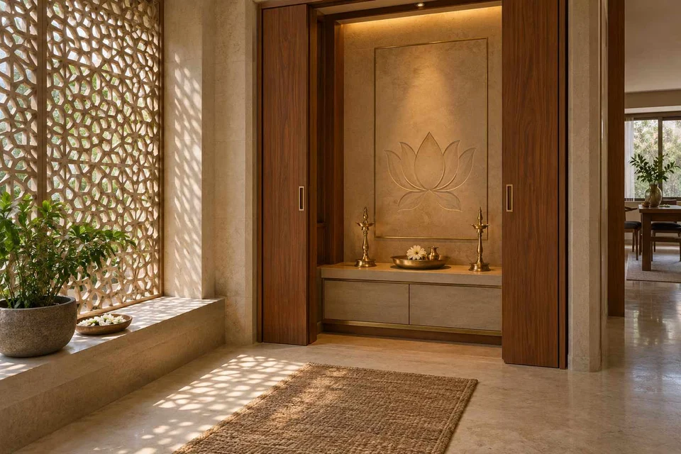 AI-generated puja room design concept: pocket-door shrine, sandstone lattice direction