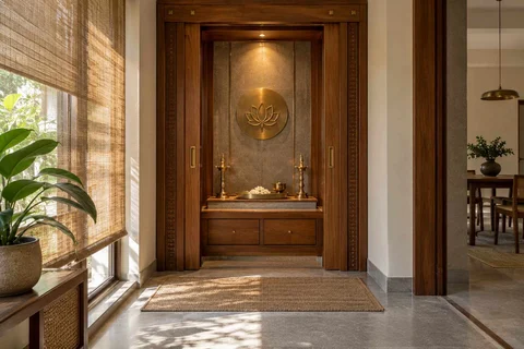 AI-generated puja room design concept: pocket-door shrine, teak craft direction