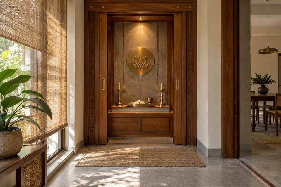 AI-generated puja room design concept: pocket-door shrine, teak craft direction