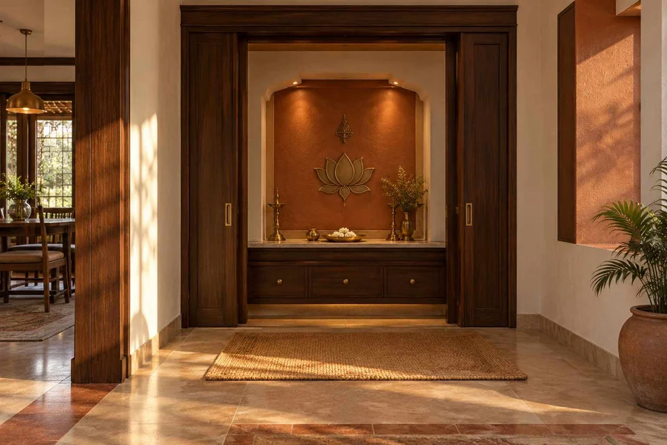 AI-generated puja room design concept: pocket-door shrine, terracotta heritage direction