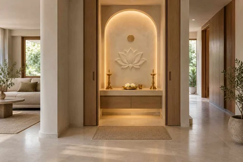 AI-generated puja room design concept: pocket-door shrine, textured mineral direction