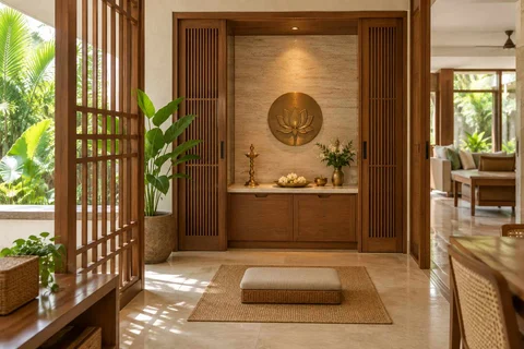 AI-generated puja room design concept: pocket-door shrine, tropical slatted direction