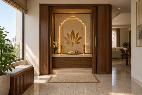AI-generated puja room design concept: pocket-door shrine, urban deco direction