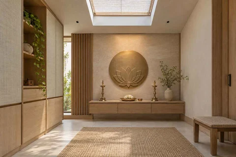 AI-generated puja room design concept: rooflight prayer room, ash and linen direction