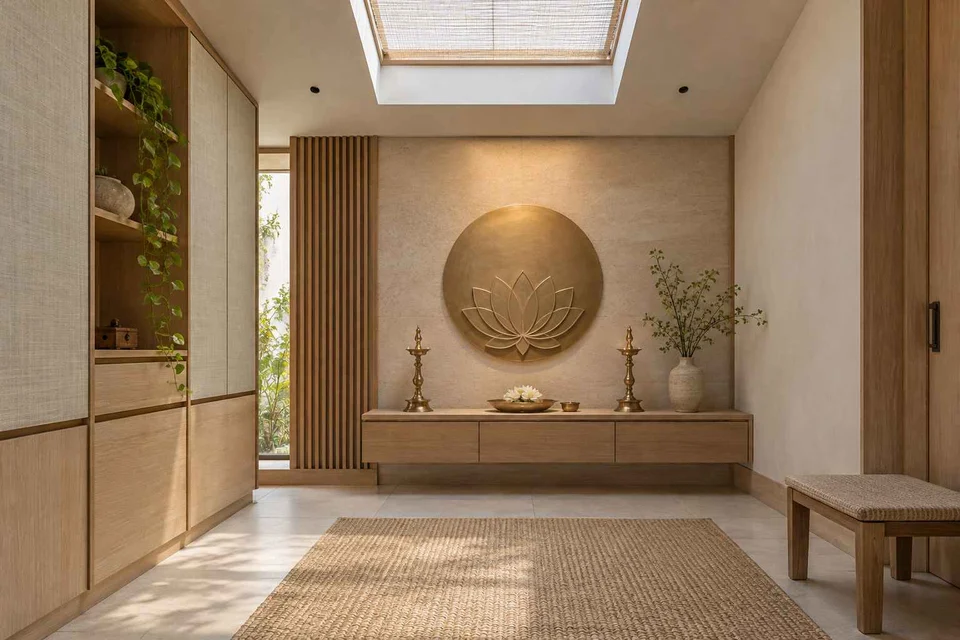AI-generated puja room design concept: rooflight prayer room, ash and linen direction