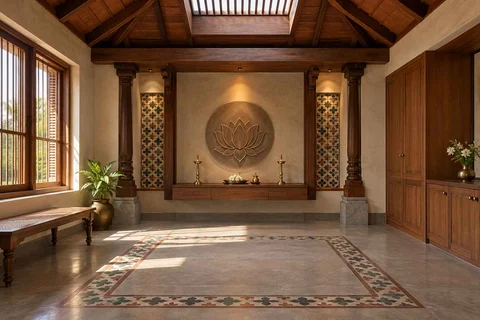 AI-generated puja room design concept: rooflight prayer room, chettinad tile direction