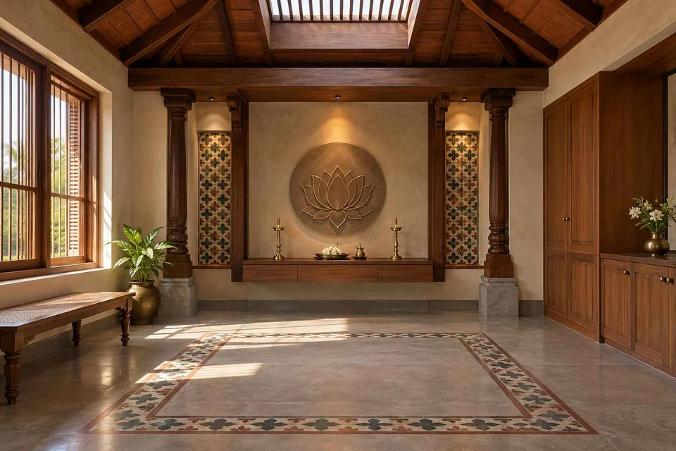 AI-generated puja room design concept: rooflight prayer room, chettinad tile direction