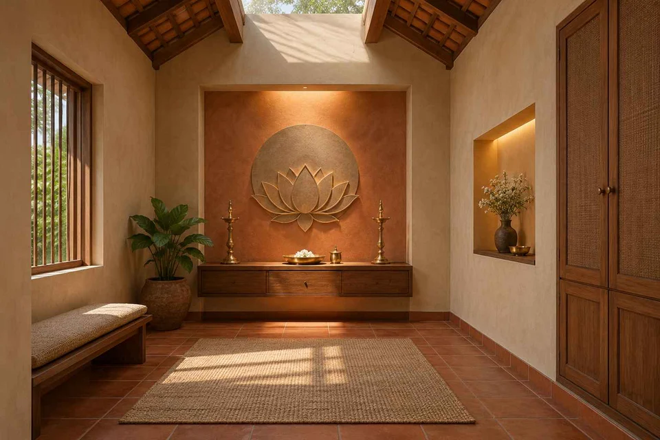 AI-generated puja room design concept: rooflight prayer room, clay artisan direction