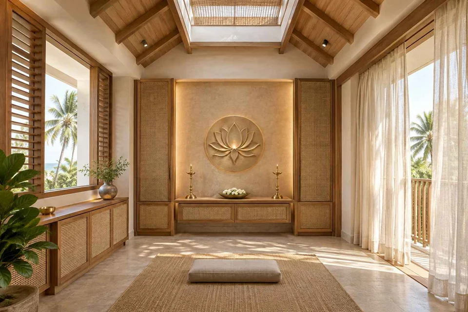 AI-generated puja room design concept: rooflight prayer room, coastal woven direction