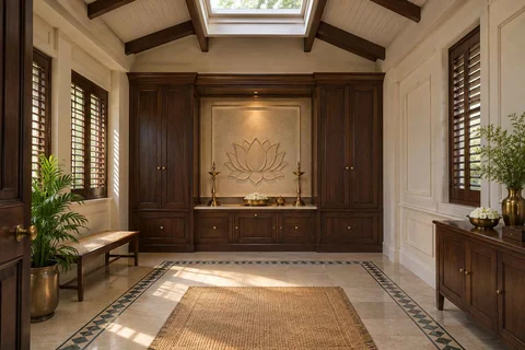 AI-generated puja room design concept: rooflight prayer room, colonial quiet direction