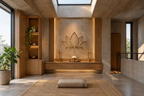 AI-generated puja room design concept: rooflight prayer room, concrete and oak direction