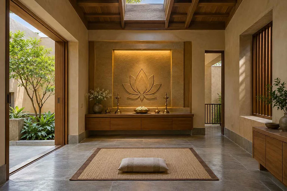 AI-generated puja room design concept: rooflight prayer room, courtyard modern direction