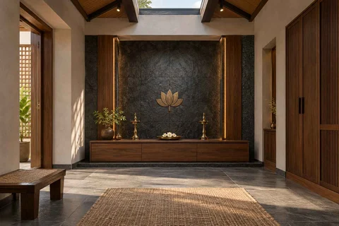 AI-generated puja room design concept: rooflight prayer room, deccan stone direction