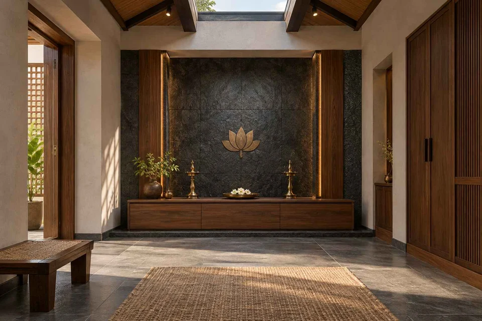 AI-generated puja room design concept: rooflight prayer room, deccan stone direction