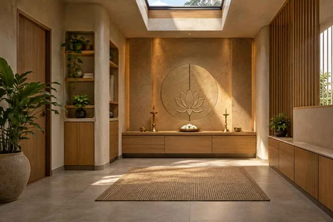 AI-generated puja room design concept: rooflight prayer room, earth and bamboo direction
