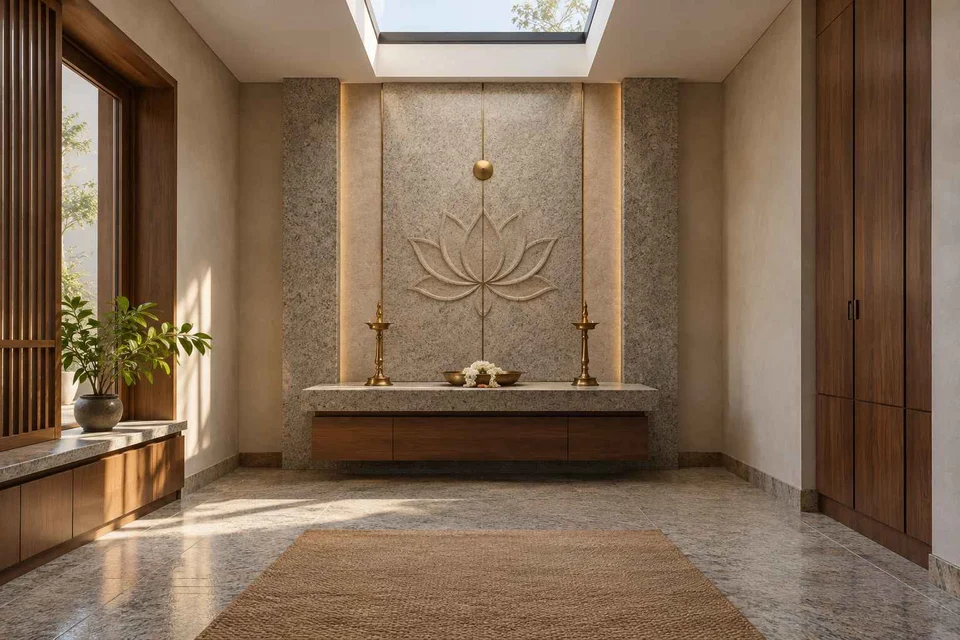 AI-generated puja room design concept: rooflight prayer room, granite precision direction