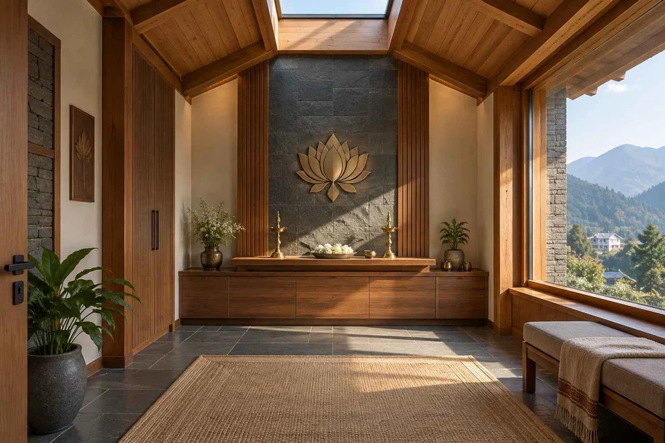 AI-generated puja room design concept: rooflight prayer room, hill timber direction