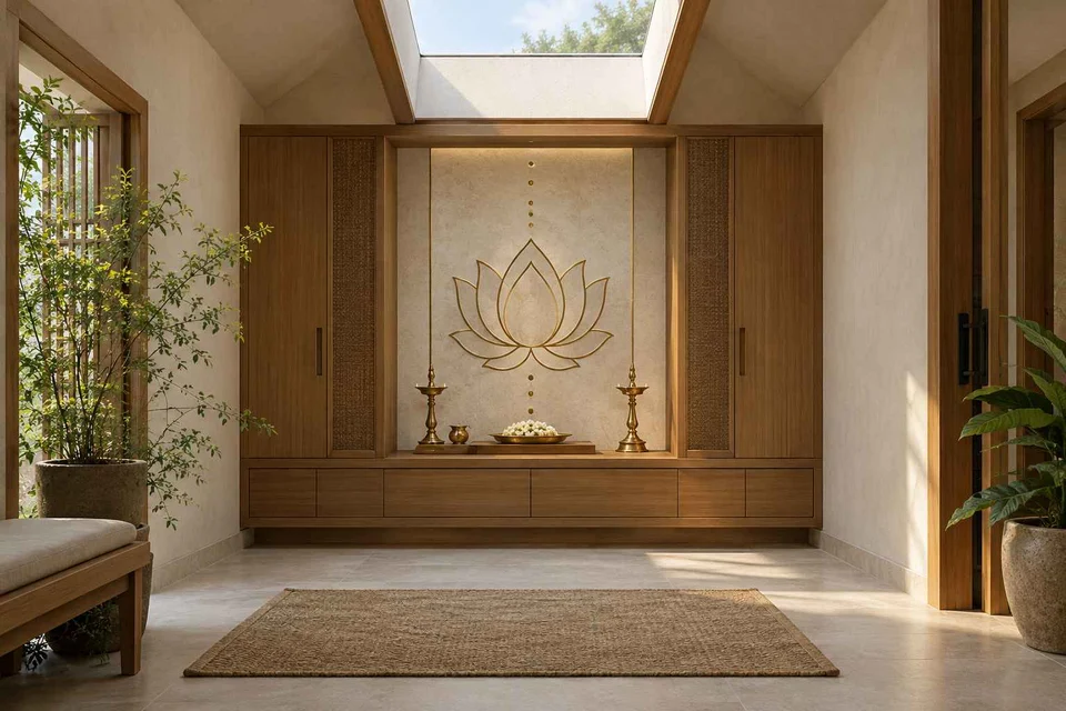 AI-generated puja room design concept: rooflight prayer room, inlay atelier direction