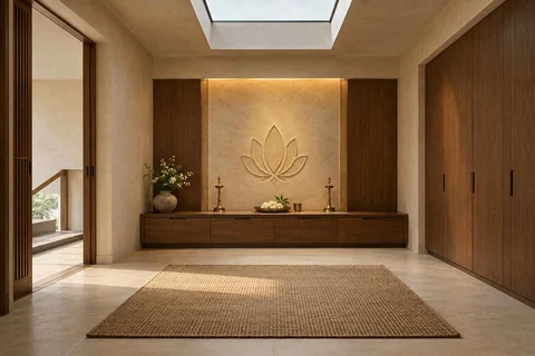 AI-generated puja room design concept: rooflight prayer room, lime and walnut direction