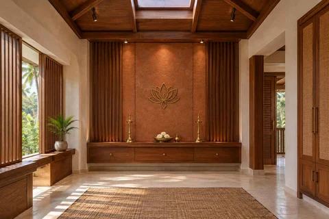 AI-generated puja room design concept: rooflight prayer room, malabar timber direction