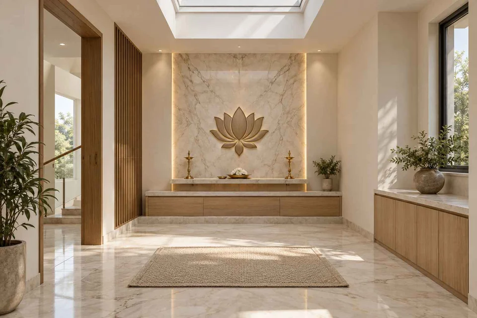 AI-generated puja room design concept: rooflight prayer room, marble restraint direction