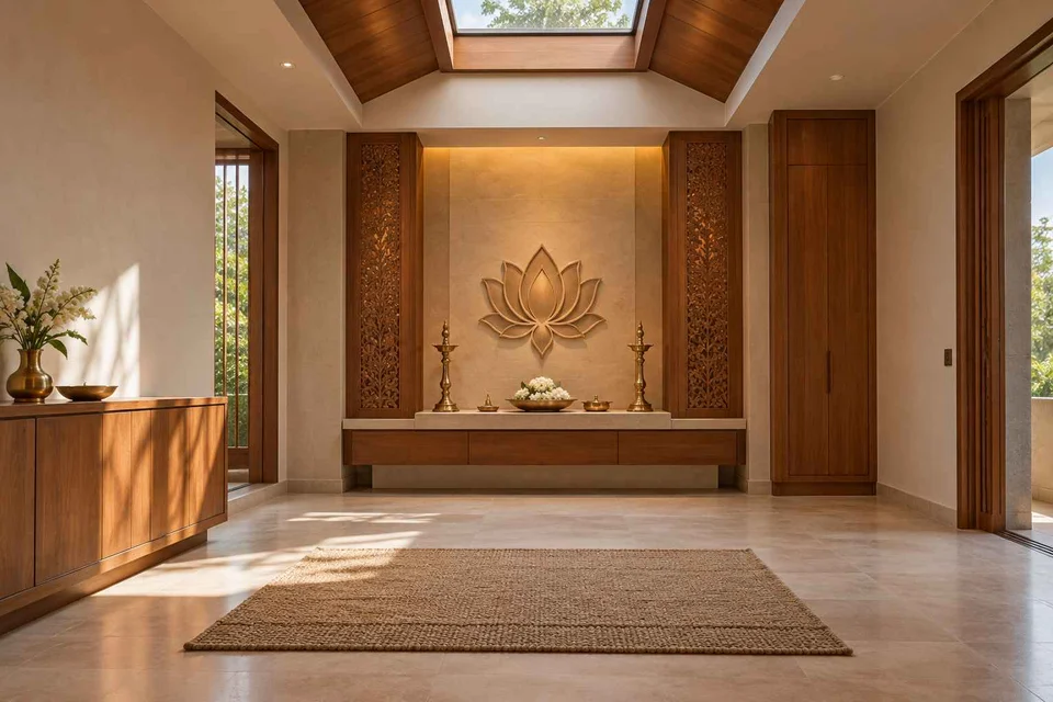 AI-generated puja room design concept: rooflight prayer room, modern carved direction