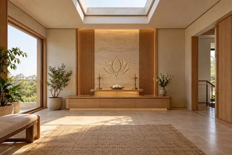 AI-generated puja room design concept: rooflight prayer room, quiet contemporary direction