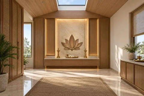 AI-generated puja room design concept: rooflight prayer room, quiet transitional direction