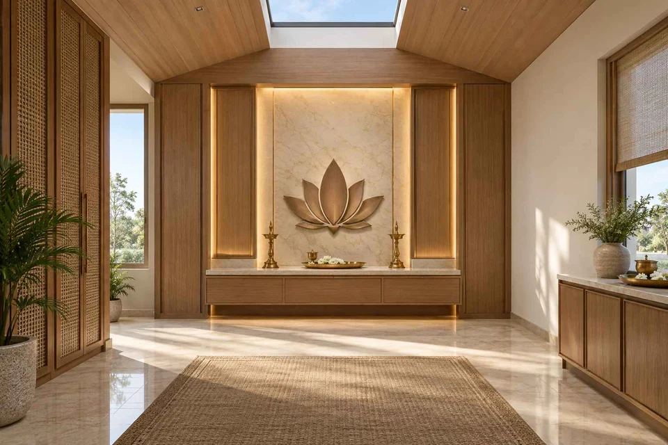 AI-generated puja room design concept: rooflight prayer room, quiet transitional direction