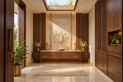 AI-generated puja room design concept: rooflight prayer room, rosewood brass direction