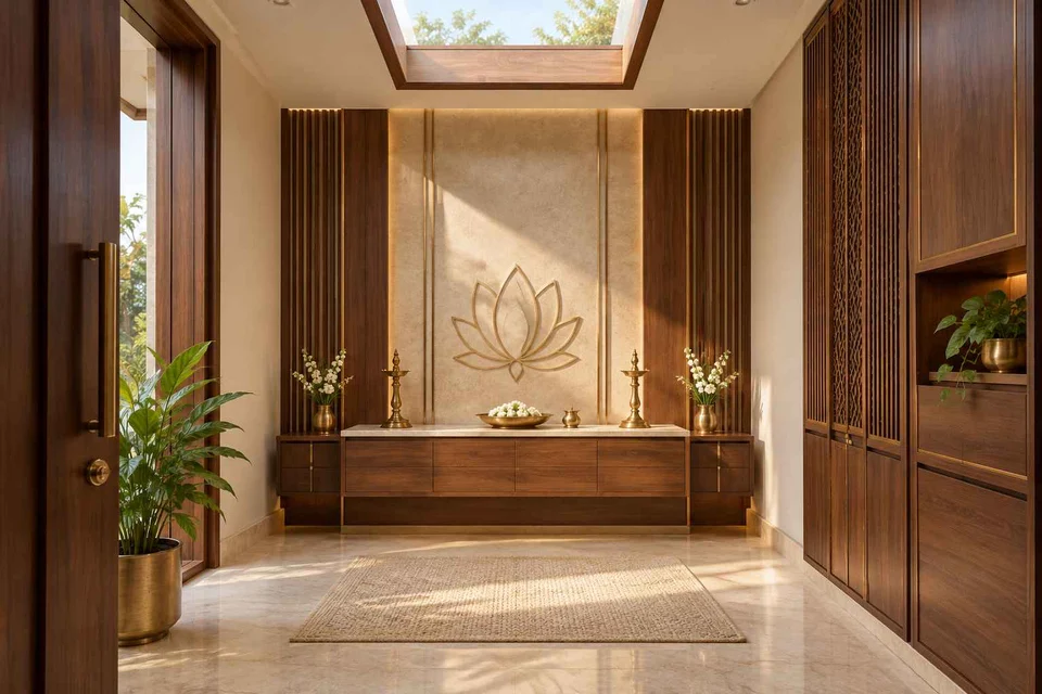 AI-generated puja room design concept: rooflight prayer room, rosewood brass direction