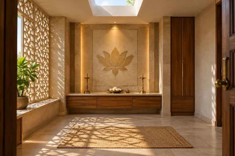 AI-generated puja room design concept: rooflight prayer room, sandstone lattice direction