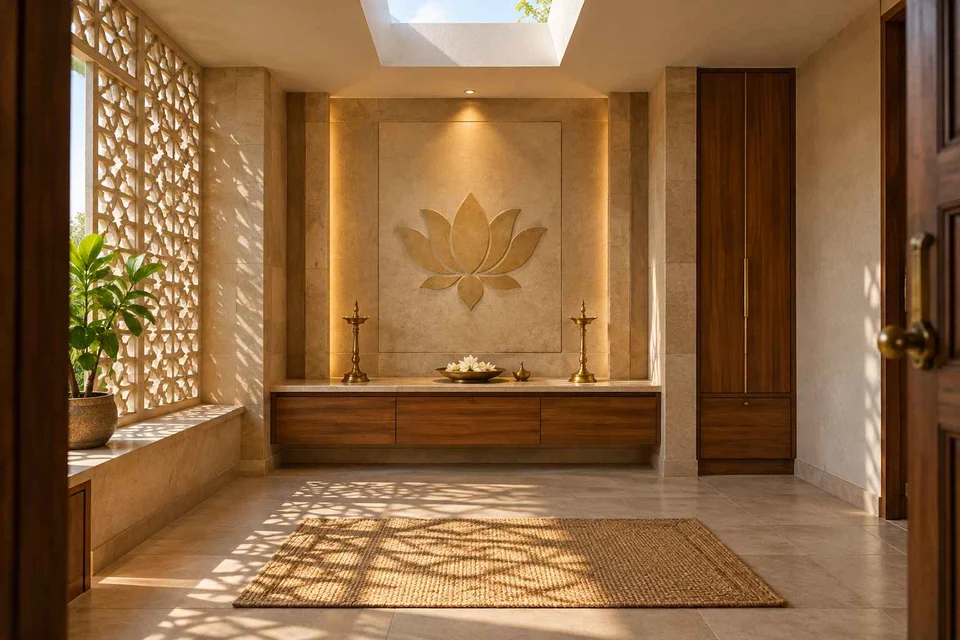 AI-generated puja room design concept: rooflight prayer room, sandstone lattice direction