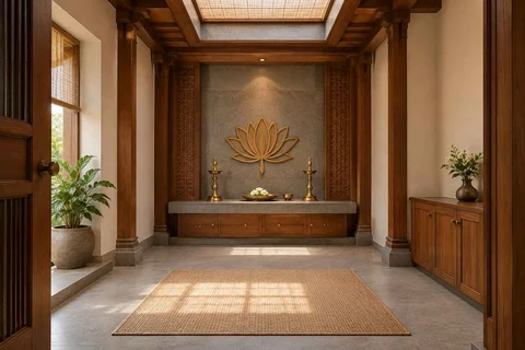 AI-generated puja room design concept: rooflight prayer room, teak craft direction