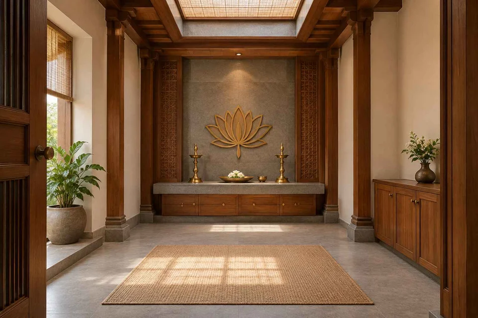AI-generated puja room design concept: rooflight prayer room, teak craft direction