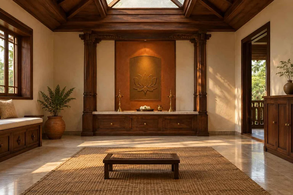 AI-generated puja room design concept: rooflight prayer room, terracotta heritage direction