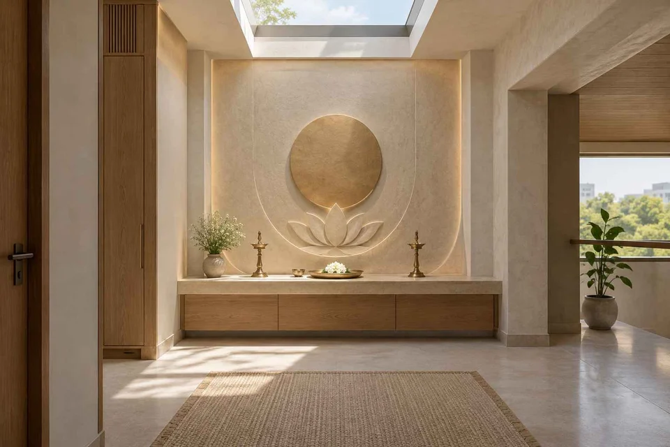 AI-generated puja room design concept: rooflight prayer room, textured mineral direction