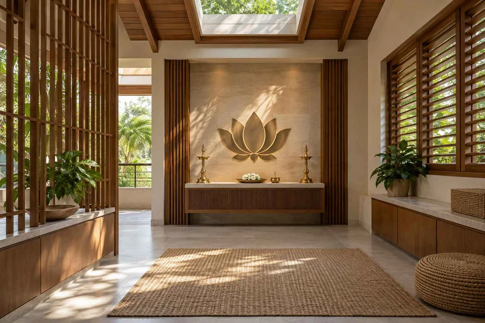 AI-generated puja room design concept: rooflight prayer room, tropical slatted direction