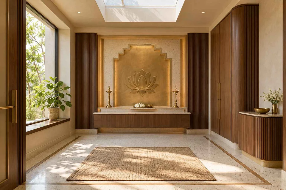 AI-generated puja room design concept: rooflight prayer room, urban deco direction