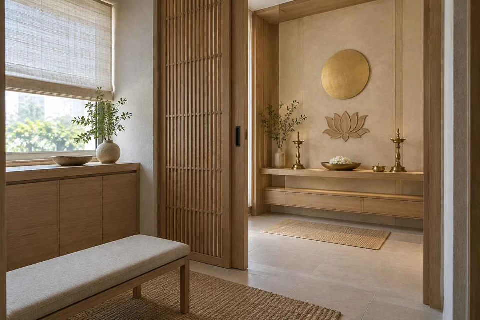 AI-generated puja room design concept: screened anteroom mandir, ash and linen direction