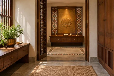AI-generated puja room design concept: screened anteroom mandir, chettinad tile direction