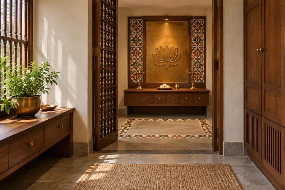 AI-generated puja room design concept: screened anteroom mandir, chettinad tile direction