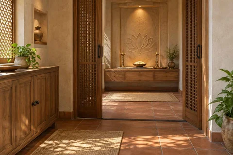 AI-generated puja room design concept: screened anteroom mandir, clay artisan direction