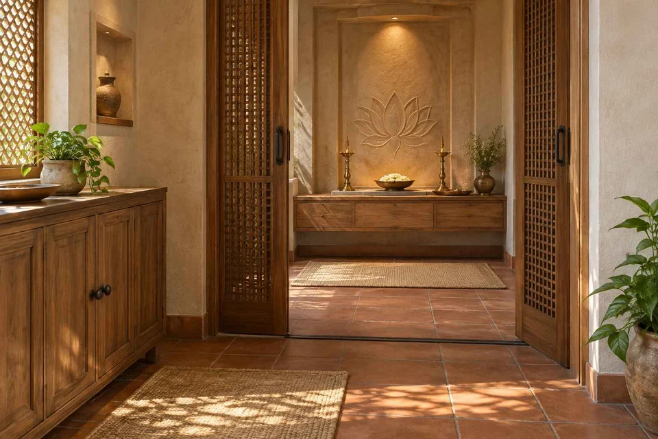 AI-generated puja room design concept: screened anteroom mandir, clay artisan direction