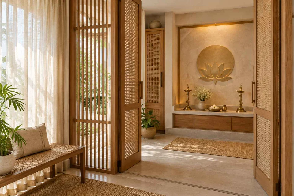 AI-generated puja room design concept: screened anteroom mandir, coastal woven direction
