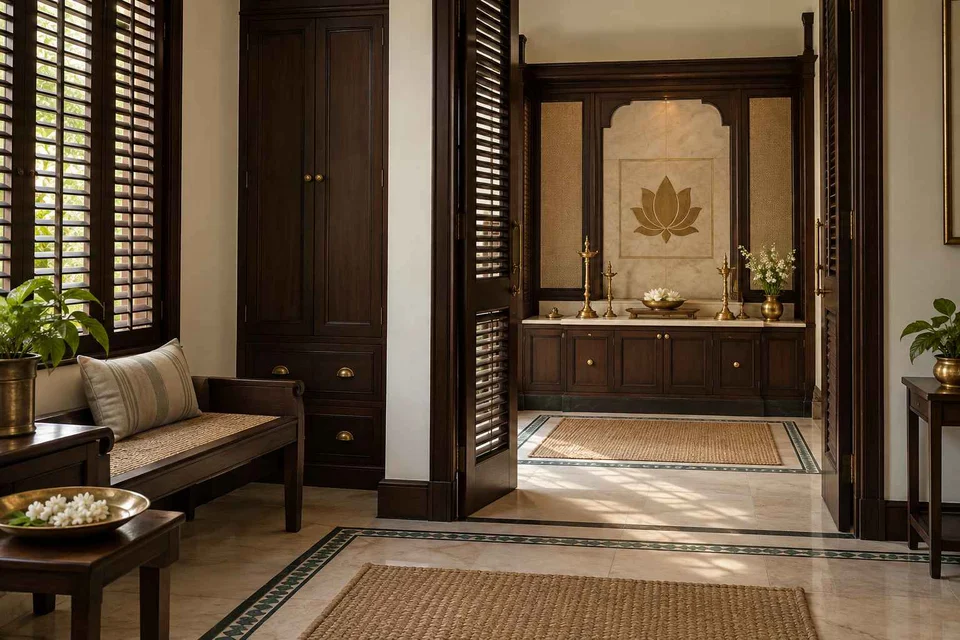 AI-generated puja room design concept: screened anteroom mandir, colonial quiet direction