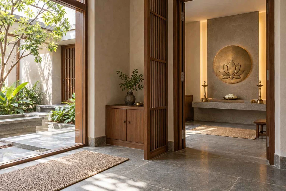 AI-generated puja room design concept: screened anteroom mandir, courtyard modern direction