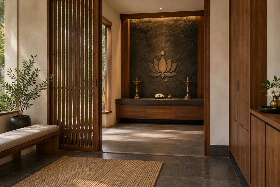 AI-generated puja room design concept: screened anteroom mandir, deccan stone direction
