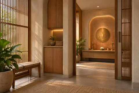 AI-generated puja room design concept: screened anteroom mandir, earth and bamboo direction